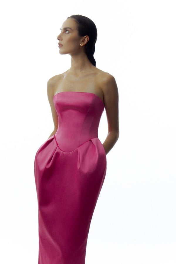 Rasario Satin Long Midi Dress With Voluminous Skirt White S060M020 – RASARIO