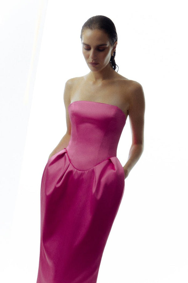 Rasario Satin Long Midi Dress With Voluminous Skirt White S060M020 – RASARIO