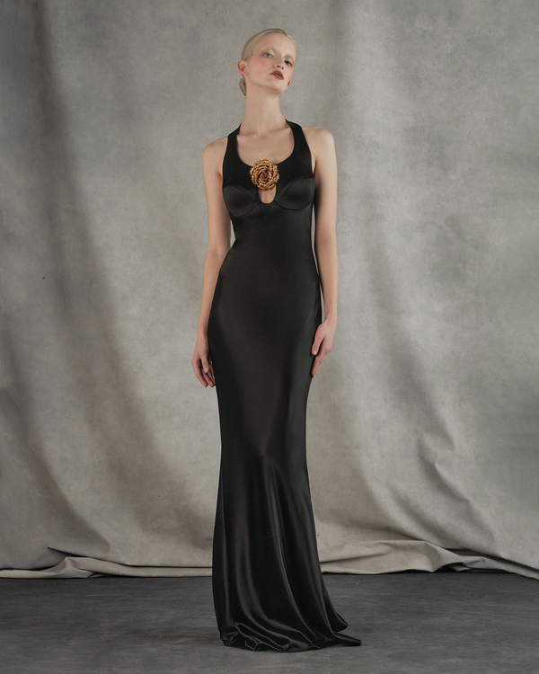 Rasario Satin Maxi Dress With A Flower Black 011DX001 – RASARIO