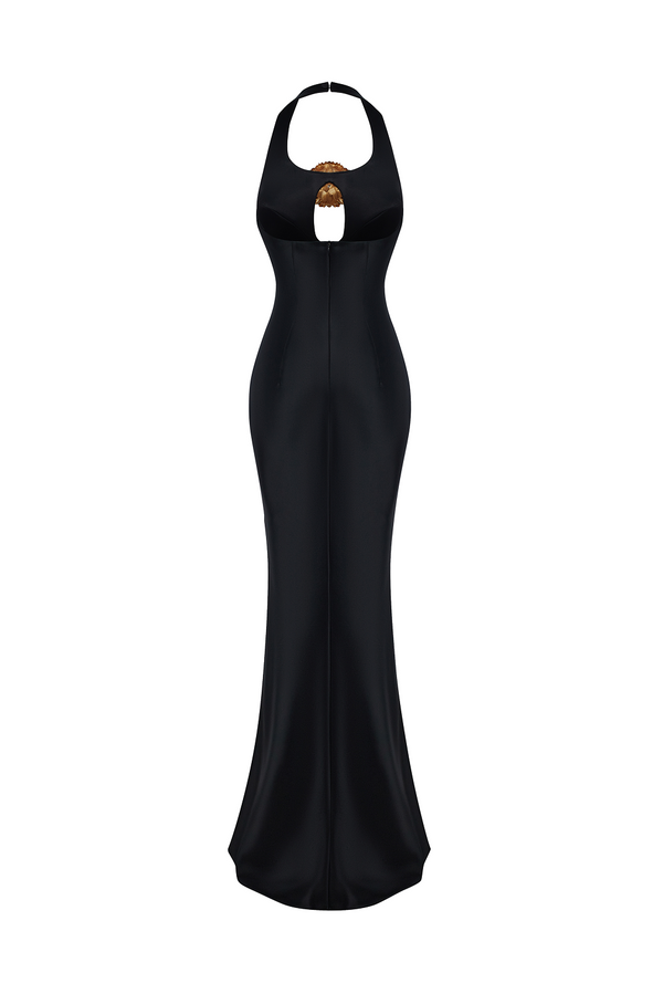 Rasario Satin Maxi Dress With A Flower Black 011DX001 – RASARIO