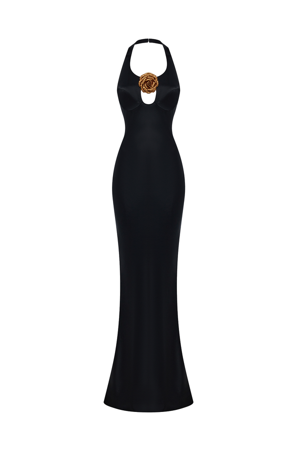 rasario Satin maxi dress with a flower black 011DX001 – RASARIO rasario Satin maxi dress with a flower black 011DX001 – RASARIO