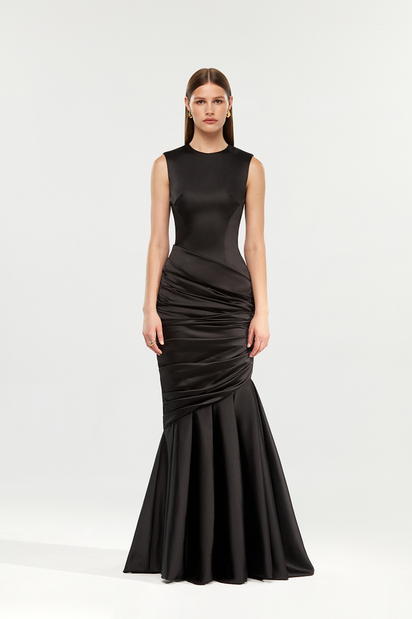 Rasario Satin Maxi Dress With A Train Black F062G010 – RASARIO