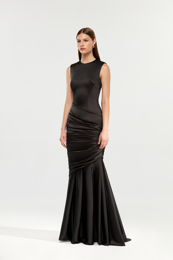 Rasario Satin Maxi Dress With A Train Black F062G010 – RASARIO