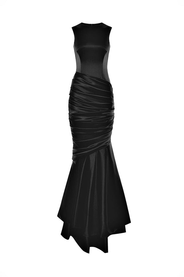 rasario Satin maxi dress with a train black F062G010 – RASARIO