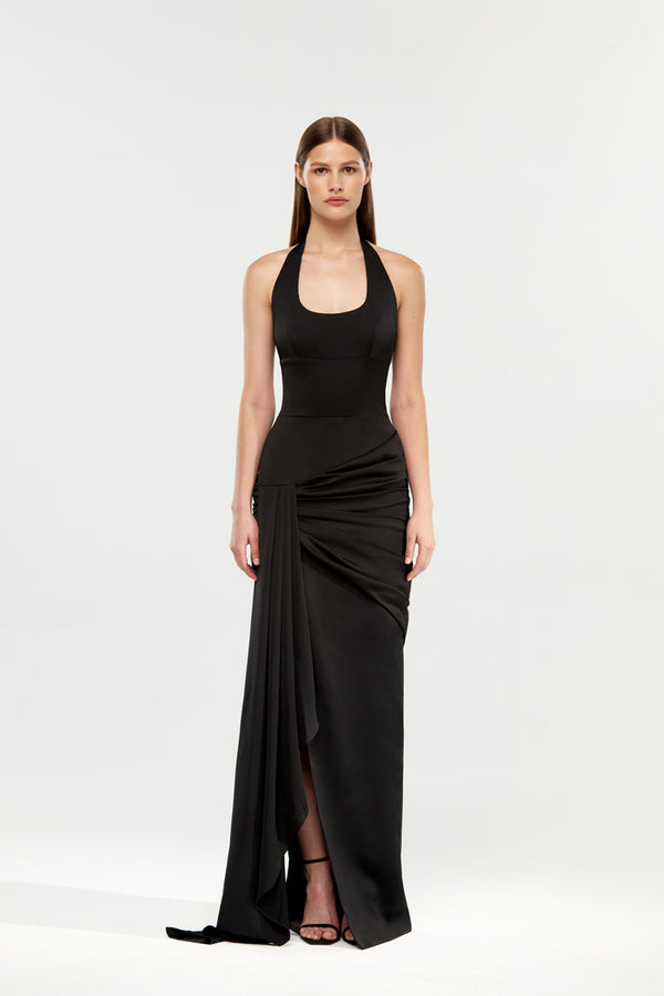 Rasario Satin Maxi Dress With A Train Black F067X010 – RASARIO
