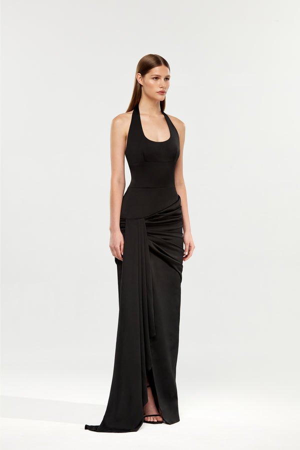 Rasario Satin Maxi Dress With A Train Black F067X010 – RASARIO