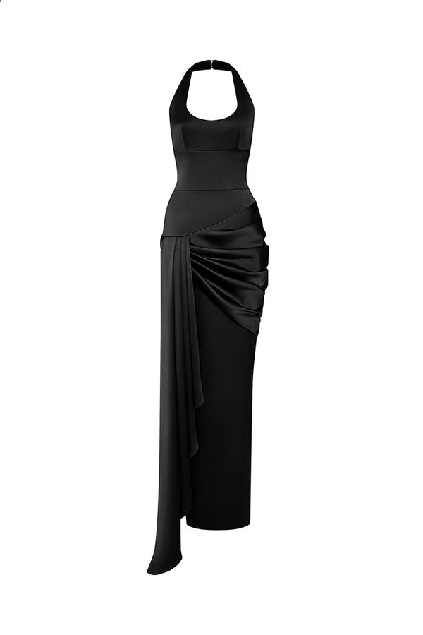 rasario Satin maxi dress with a train black F067X010 – RASARIO