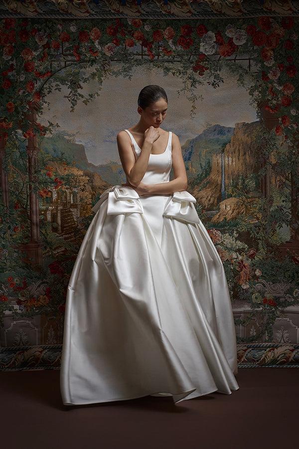 Rasario Satin Maxi Dress With A Voluminous Skirt And Organza Bows White 002DX002 – RASARIO