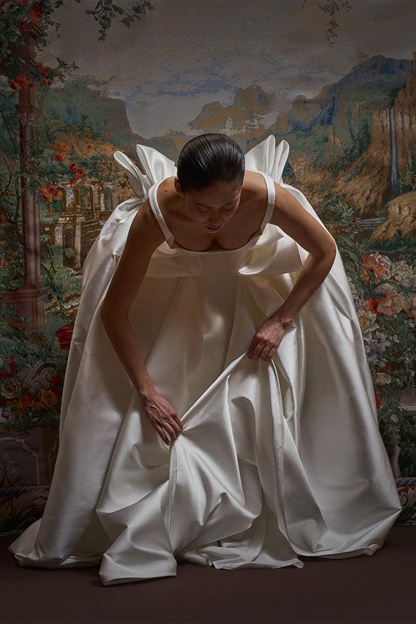 Rasario Satin Maxi Dress With A Voluminous Skirt And Organza Bows White 002DX002 – RASARIO