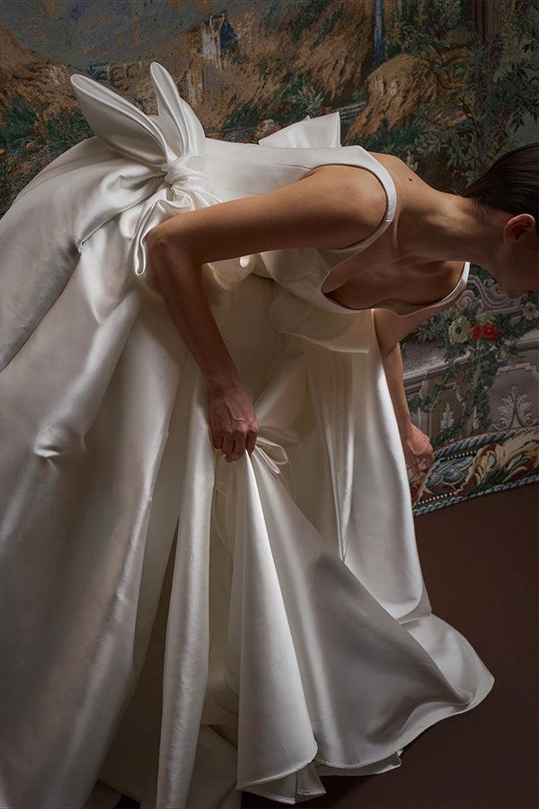 Rasario Satin Maxi Dress With A Voluminous Skirt And Organza Bows White 002DX002 – RASARIO