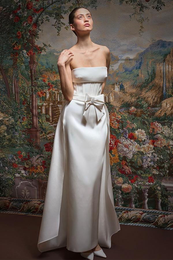 Rasario Satin Maxi Dress With An Overskirt Train And A Bow 012DX002 – RASARIO