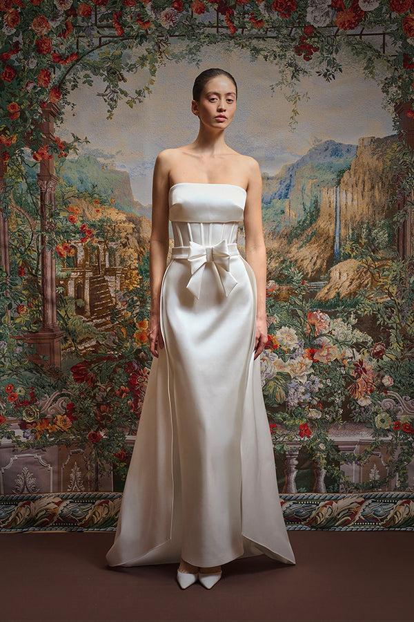 rasario Satin maxi dress with an overskirt train and a bow 012DX002 – RASARIO