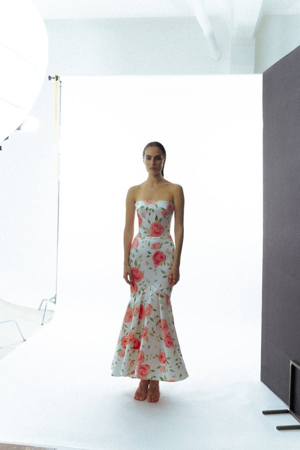 Rasario Satin Maxi Dress With Ruffled Skirt White S099X020 – RASARIO