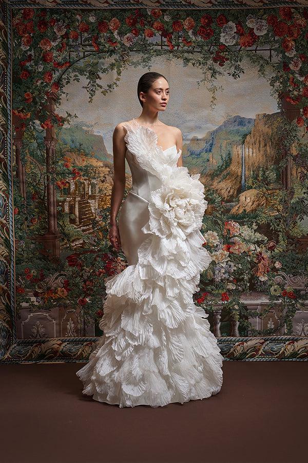 Rasario Satin Maxi Dress With Silk Organza Petals 005DX002 – RASARIO