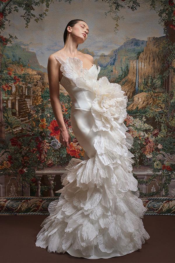 rasario Satin maxi dress with silk organza petals 005DX002 – RASARIO rasario Satin maxi dress with silk organza petals 005DX002 – RASARIO