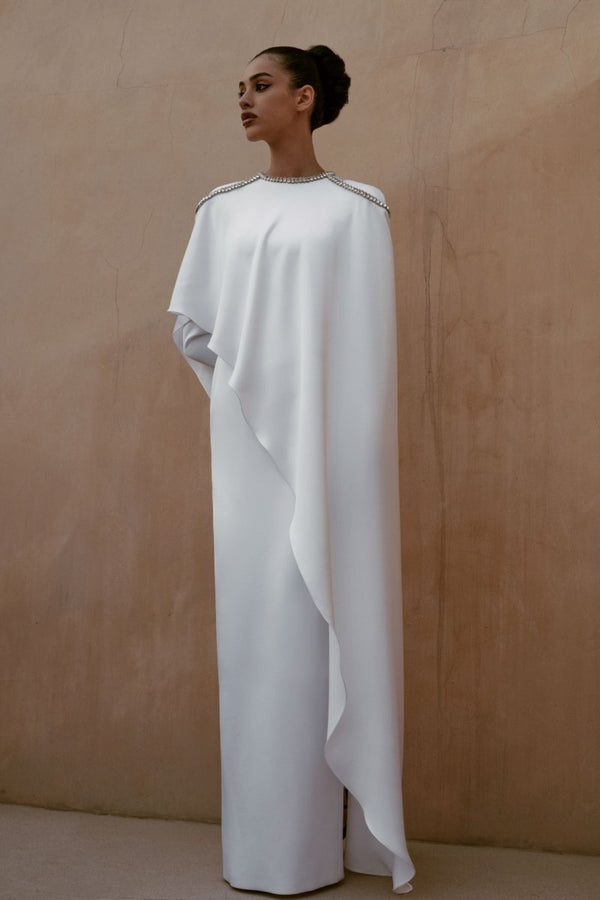 Rasario Satin Maxi Dress With Voluminous Cape And Embroidered Shoulders Steel Blue R015X050 – RASARIO