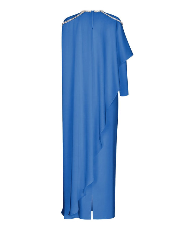 Rasario Satin Maxi Dress With Voluminous Cape And Embroidered Shoulders Steel Blue R015X050 – RASARIO