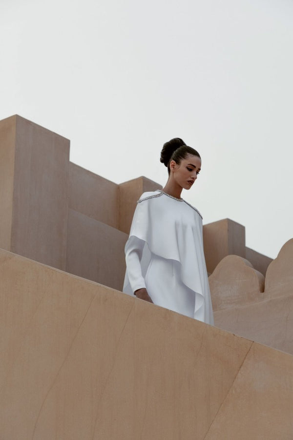 Rasario Satin Maxi Dress With Voluminous Cape And Embroidered Shoulders Steel Blue R015X050 – RASARIO