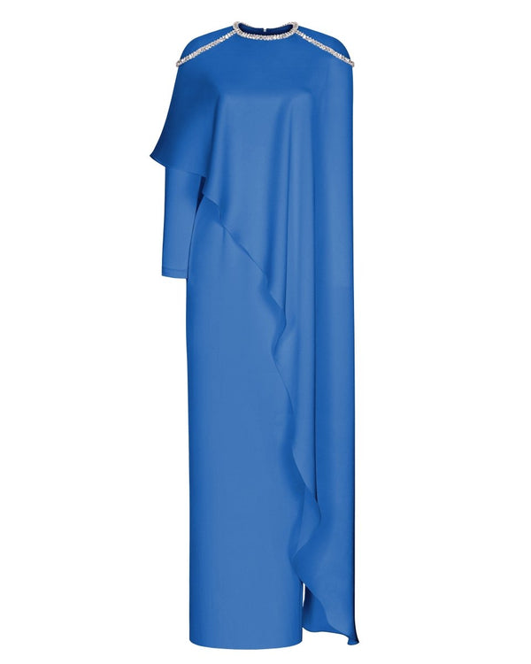 rasario Satin maxi dress with voluminous cape and embroidered shoulders steel blue R015X050 – RASARIO