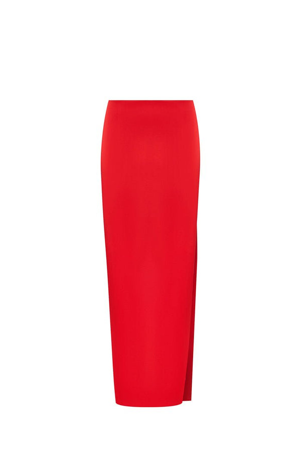 rasario Satin maxi skirt with a side slit red S005X030 – RASARIO
