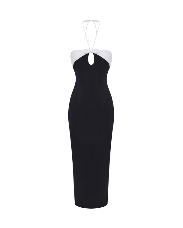 rasario Satin midi dress with a cutout black/white 121DD012 – RASARIO