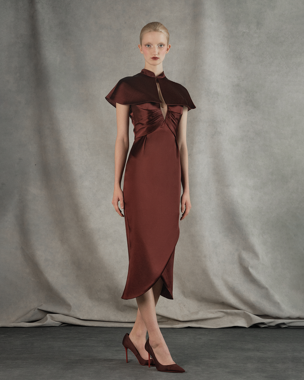 Rasario Satin Midi Dress With A Cutout Burgundy 006DD013 – RASARIO