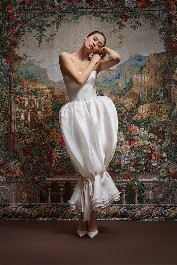 Rasario Satin Midi Dress With A Draped Silk Organza Skirt 003DD002 – RASARIO