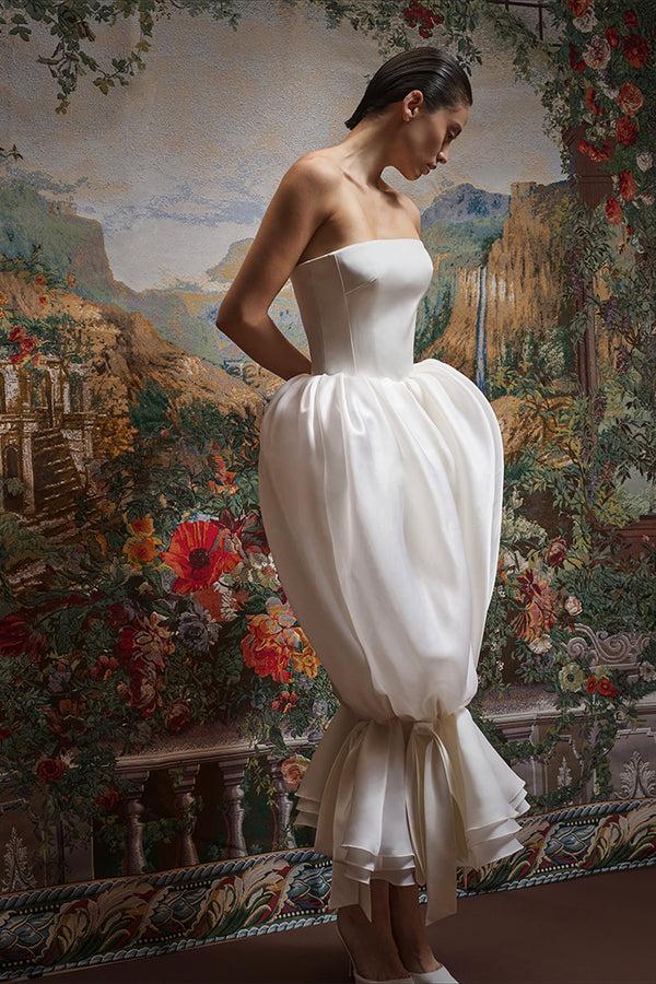 Rasario Satin Midi Dress With A Draped Silk Organza Skirt 003DD002 – RASARIO