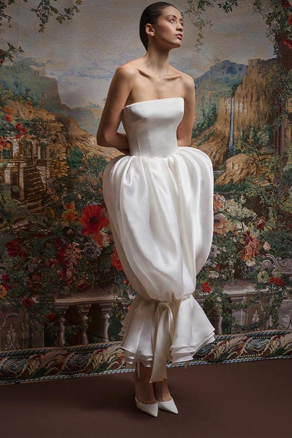 Rasario Satin Midi Dress With A Draped Silk Organza Skirt 003DD002 – RASARIO