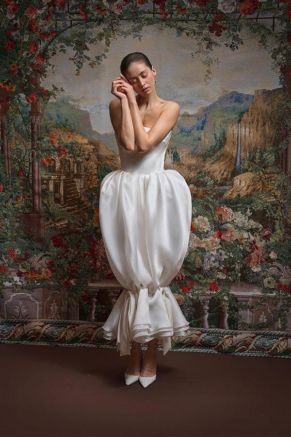 rasario Satin midi dress with a draped silk organza skirt 003DD002 – RASARIO