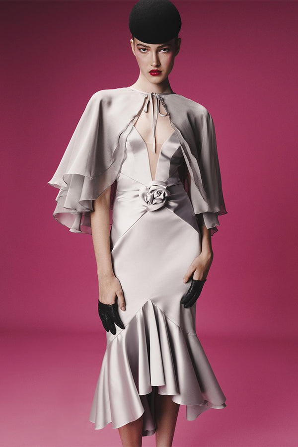 Rasario Satin Midi Dress With A Flower And Cropped Cape Black 043DD001 – RASARIO