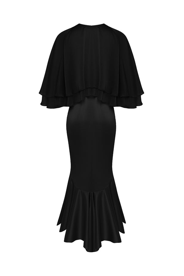 Rasario Satin Midi Dress With A Flower And Cropped Cape Black 043DD001 – RASARIO