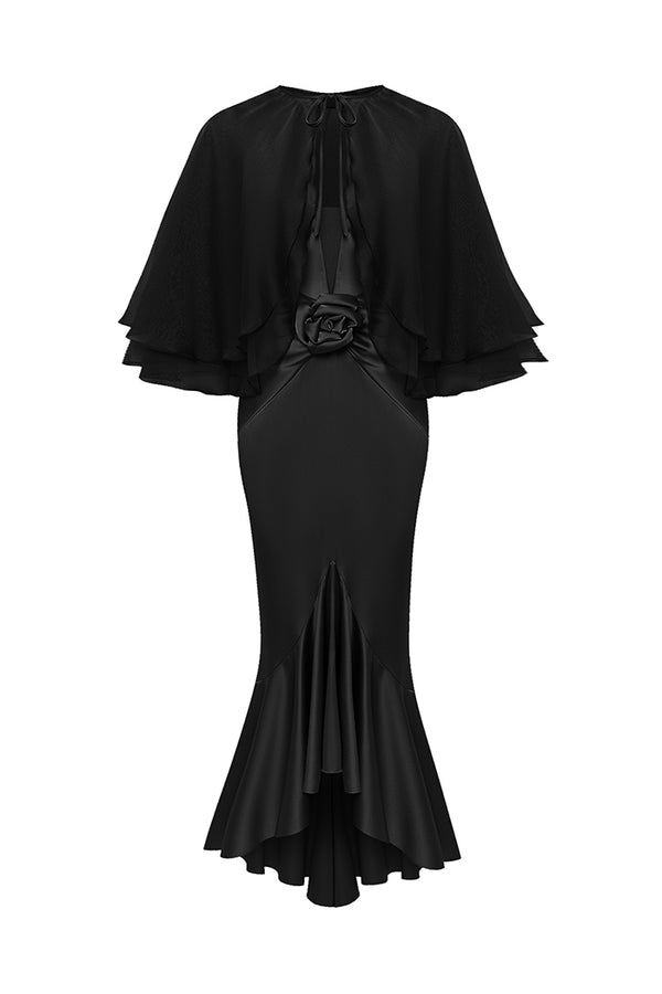 rasario Satin midi dress with a flower and cropped cape black 043DD001 – RASARIO