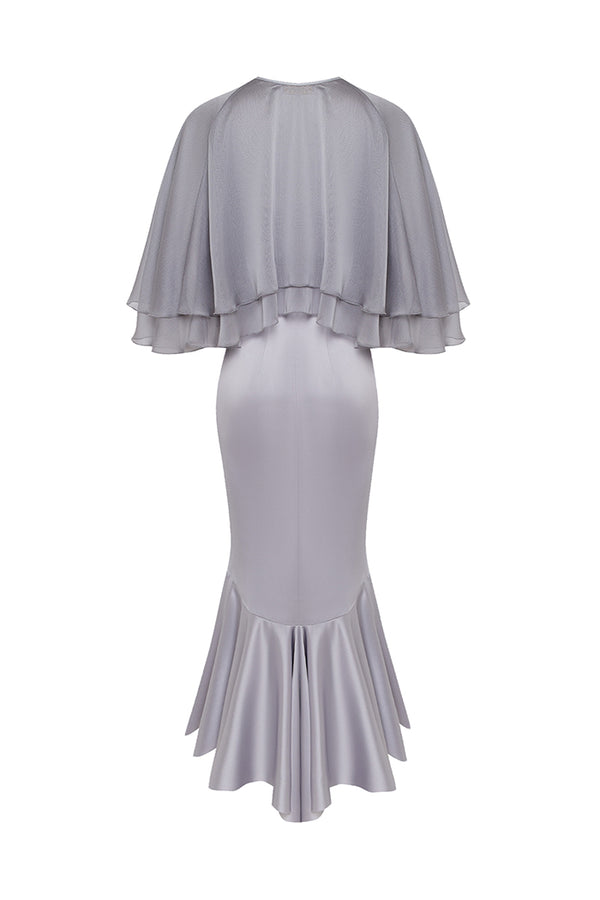 Rasario Satin Midi Dress With A Flower And Cropped Cape Grey 043DD020 – RASARIO