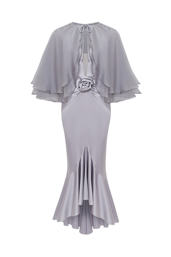 rasario Satin midi dress with a flower and cropped cape grey 043DD020 – RASARIO