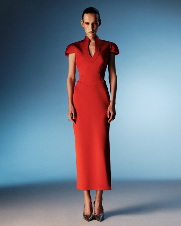 Rasario Satin Midi Dress With A Side Slit Red 125DD003 – RASARIO