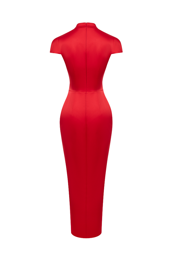 Rasario Satin Midi Dress With A Side Slit Red 125DD003 – RASARIO