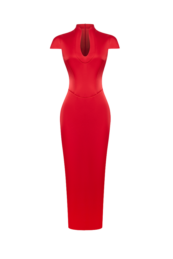 rasario Satin midi dress with a side slit red 125DD003 – RASARIO rasario Satin midi dress with a side slit red 125DD003 – RASARIO