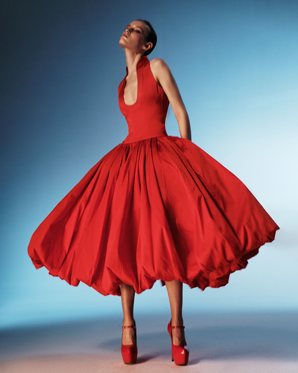 Rasario Satin Midi Dress With A Voluminous Taffeta Skirt Black 022DD001 – RASARIO