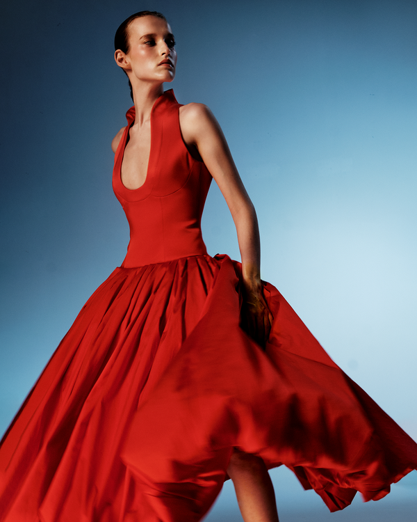 Rasario Satin Midi Dress With A Voluminous Taffeta Skirt Black 022DD001 – RASARIO