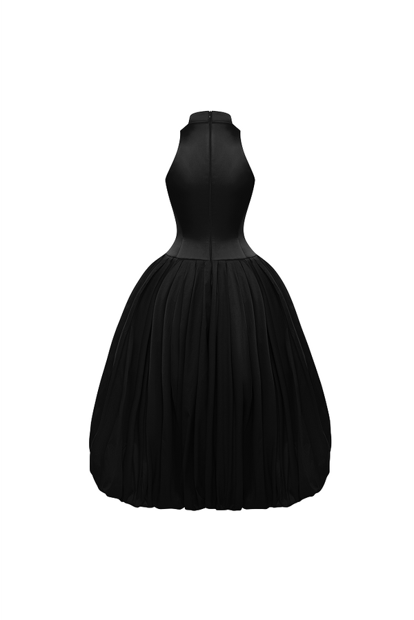 Rasario Satin Midi Dress With A Voluminous Taffeta Skirt Black 022DD001 – RASARIO