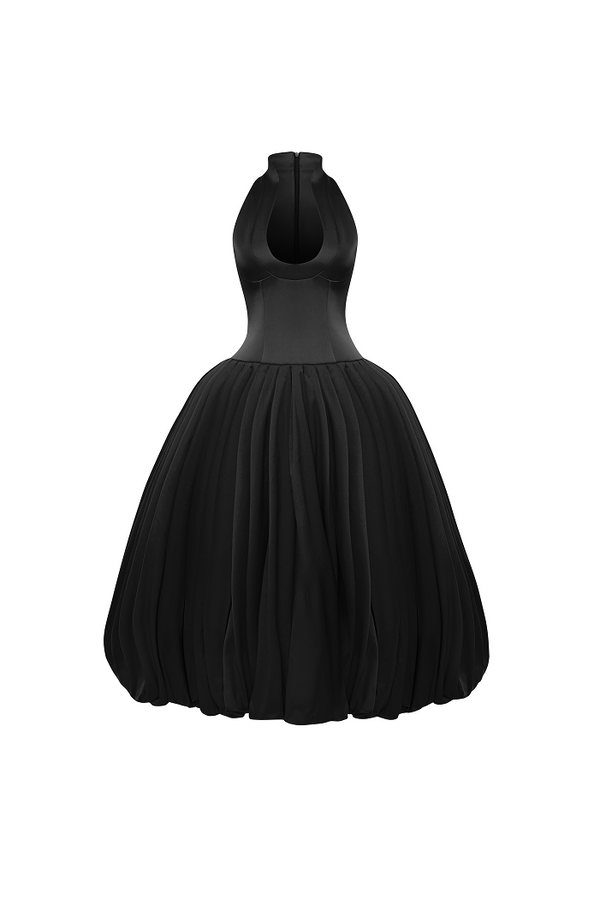 rasario Satin midi dress with a voluminous taffeta skirt black 022DD001 – RASARIO