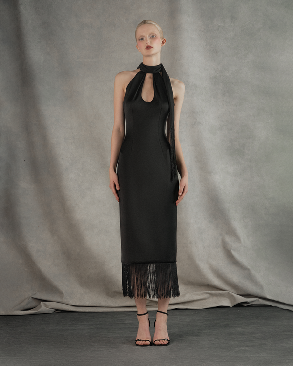 Rasario Satin Midi Dress With Fringe Trim Black 120DD001 – RASARIO