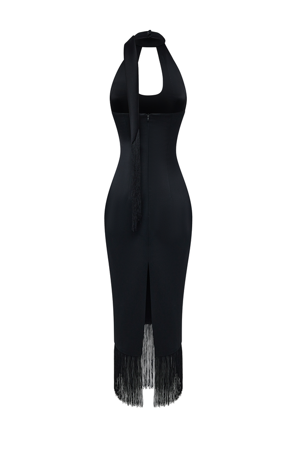 Rasario Satin Midi Dress With Fringe Trim Black 120DD001 – RASARIO