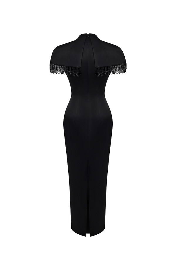 Rasario Satin Midi Dress With Fringe Trim Black 126DD001 – RASARIO