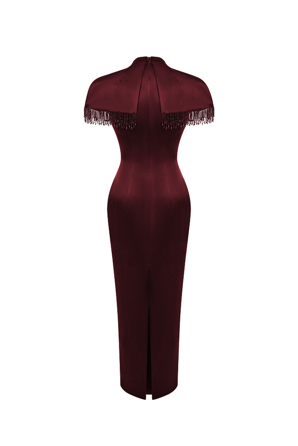 Rasario Satin Midi Dress With Fringe Trim Burgundy 126DD013 – RASARIO