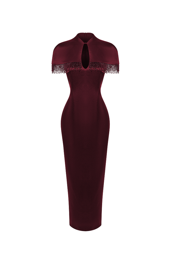 rasario Satin midi dress with fringe trim burgundy 126DD013 – RASARIO rasario Satin midi dress with fringe trim burgundy 126DD013 – RASARIO