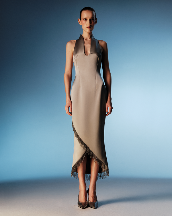 Rasario Satin Midi Dress With Fringe Trim Grey 124DD020 – RASARIO