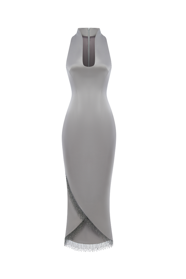 rasario Satin midi dress with fringe trim grey 124DD020 – RASARIO rasario Satin midi dress with fringe trim grey 124DD020 – RASARIO