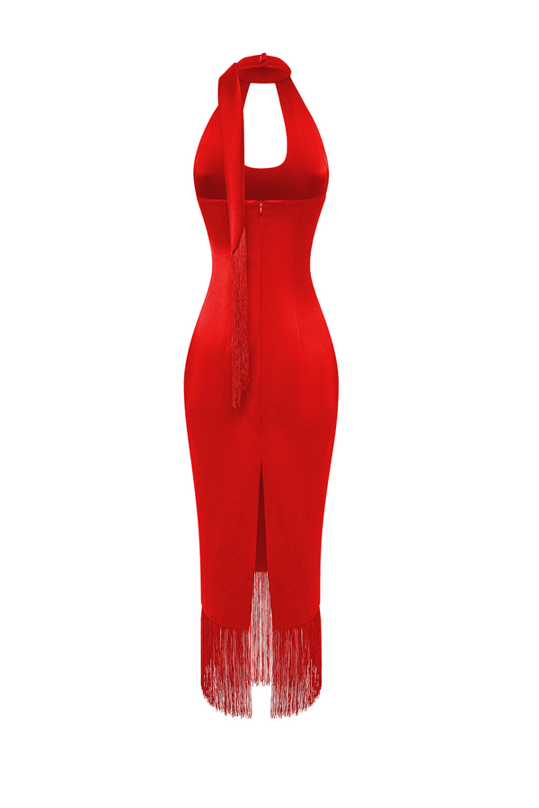 Rasario Satin Midi Dress With Fringe Trim Red 120DD003 – RASARIO